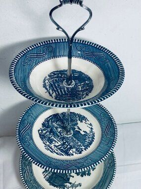 VNTG Currier & Ives Tidbit Tray, 3 Dishes, Silver Handle